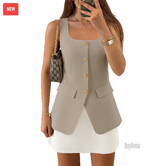 Sleeveless Suit Vest Square Neck Button Down Blazer Waistcoat Women's